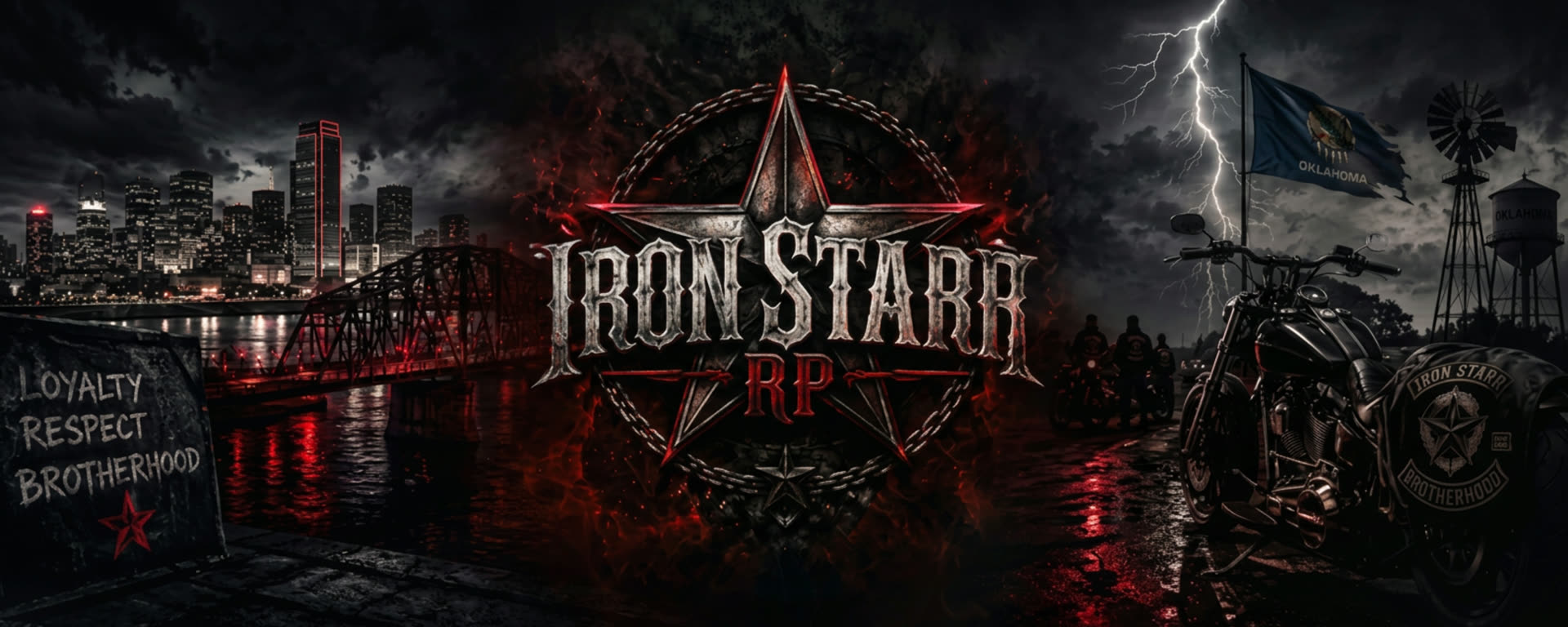 Iron Starr RP - the Oklahoma skyline at night under a lightning storm, riders crossing the bridge
