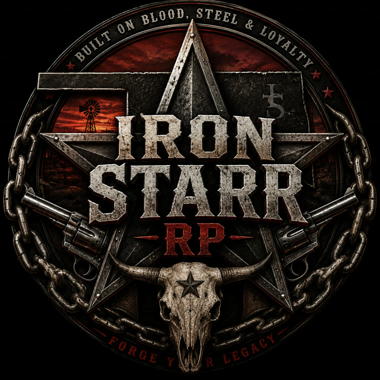 Iron Starr RP crest - a steel five-pointed star wrapped in chain, flanked by revolvers over a longhorn skull
